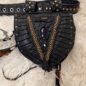 Black and Gold Embellished Leather Belt Bag